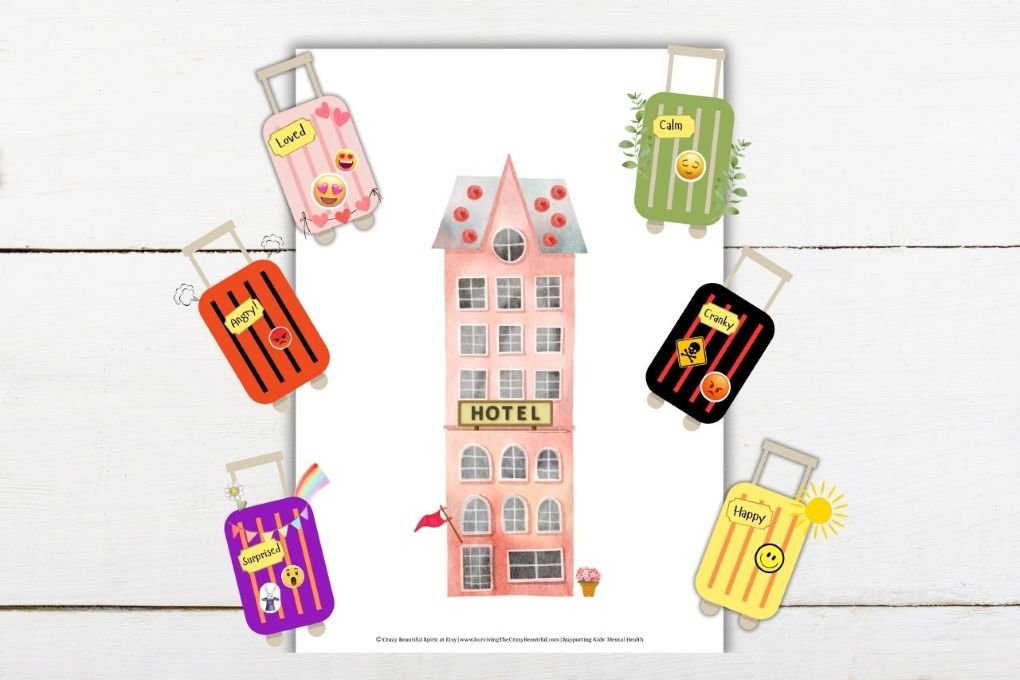 The Feelings Hotel - a creative emotional check-in for kids – a playful, printable emotions tool showing a hotel where children can ‘check in’ feelings using illustrated emotion suitcases.